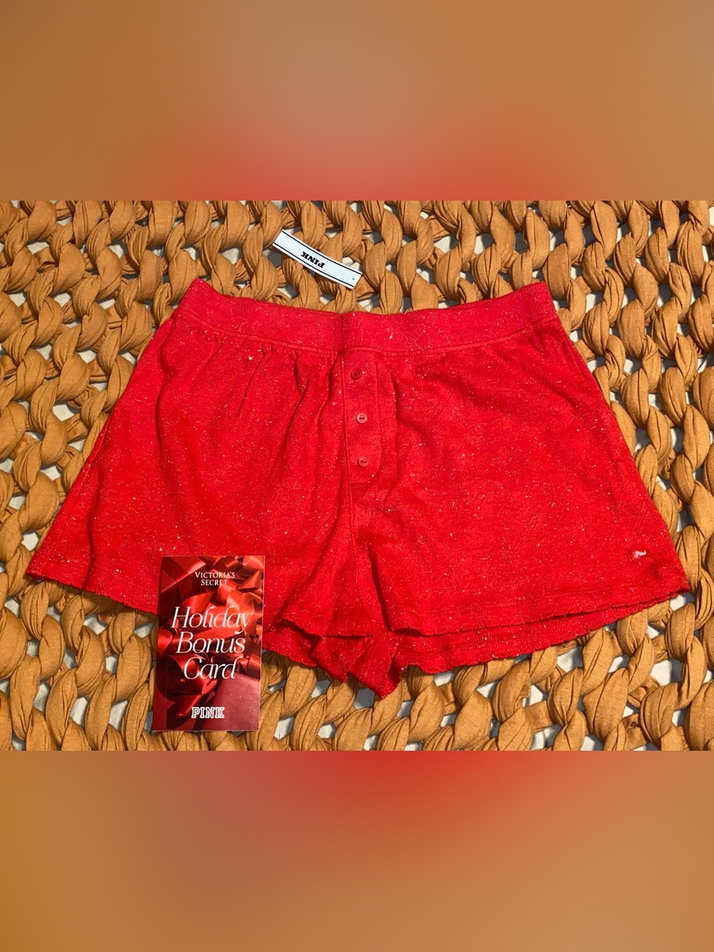 Victoria’s Secret PINK Red Sparkle Sleep Shorts with Holiday Card